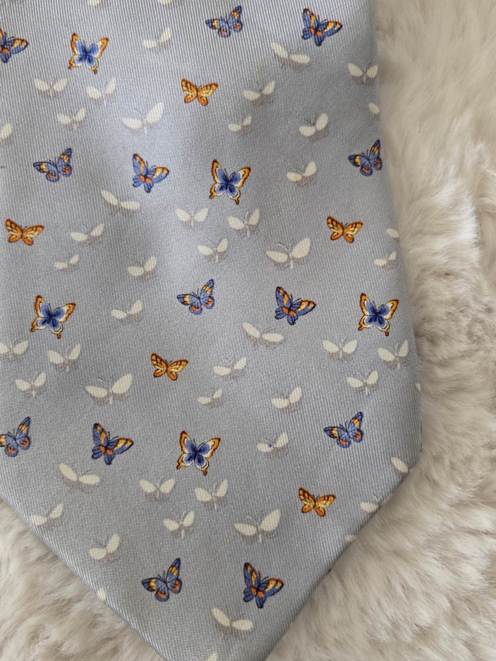 Salvatore Ferragamo Light Blue Tie with Orange and Blue Butterfly Motif